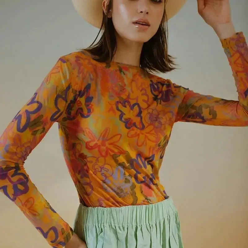 90s Style Mesh Long Sleeve Blouse