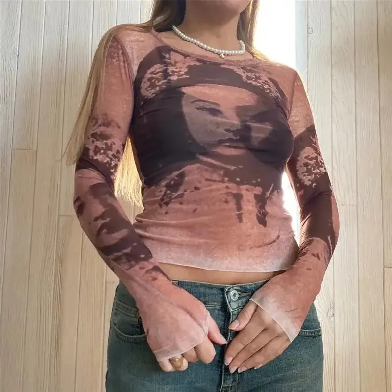90s Style Mesh Long Sleeve Blouse