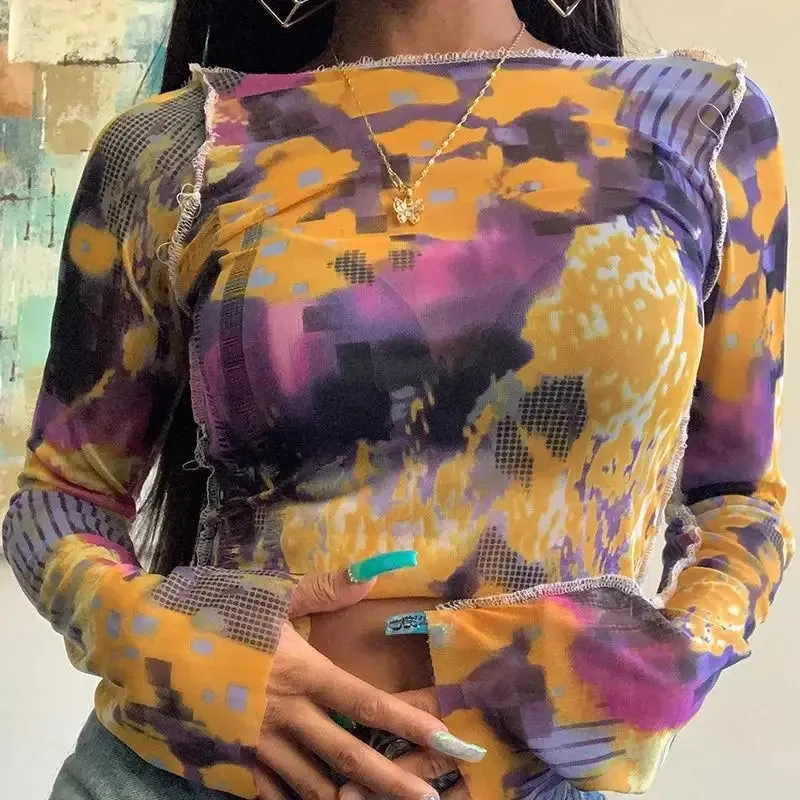 90s Style Mesh Long Sleeve Blouse