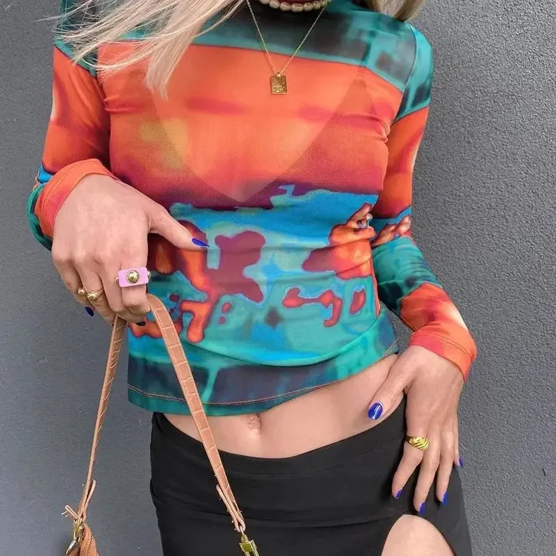 90s Style Mesh Long Sleeve Blouse