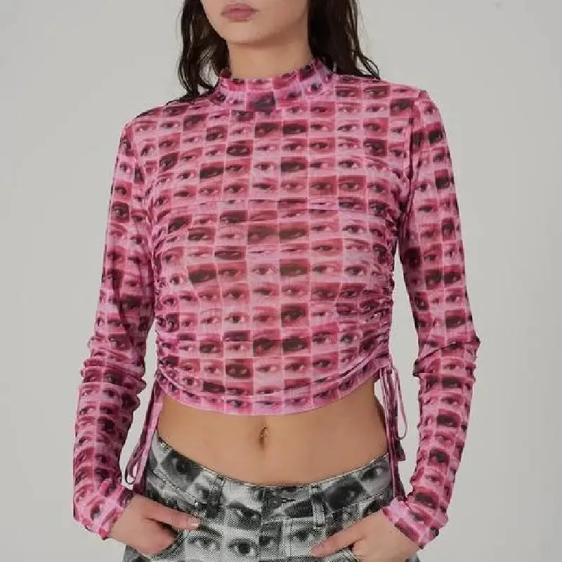 90s Style Mesh Long Sleeve Blouse
