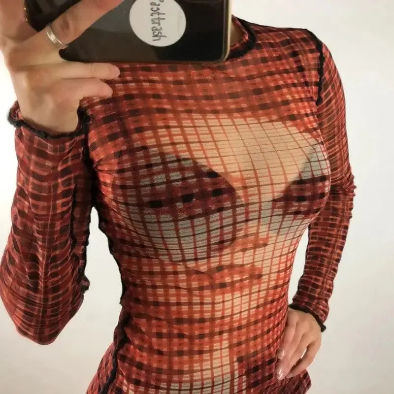 90s Style Mesh Long Sleeve Blouse