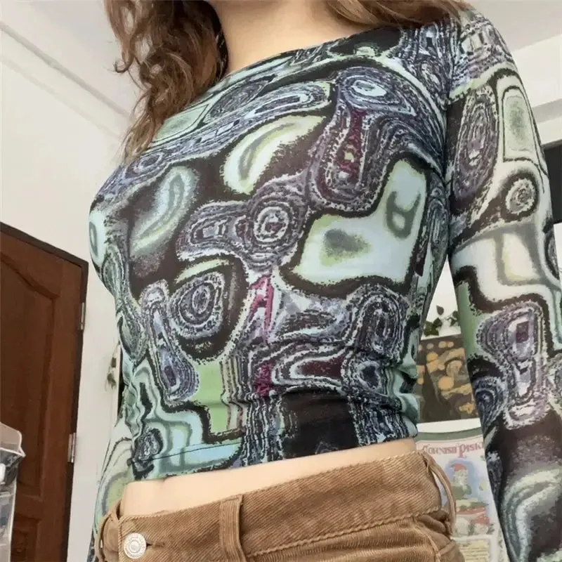 90s Style Mesh Long Sleeve Blouse