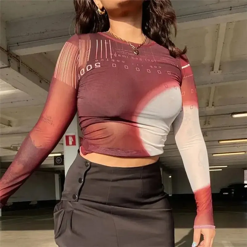 90s Style Mesh Long Sleeve Blouse