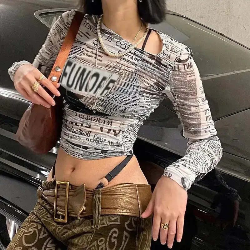 90s Style Mesh Long Sleeve Blouse