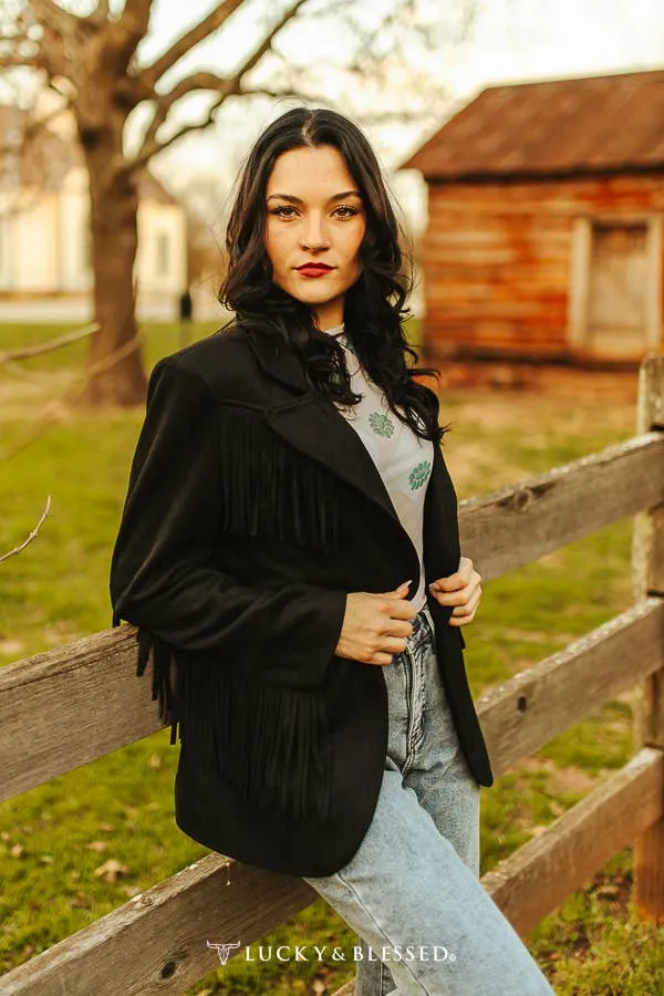 Black Suede Fringe Lapel Blazer JO041-BK