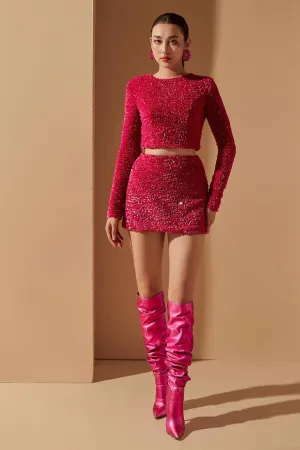 Born Pink Cropped Round Neck Sequin Top