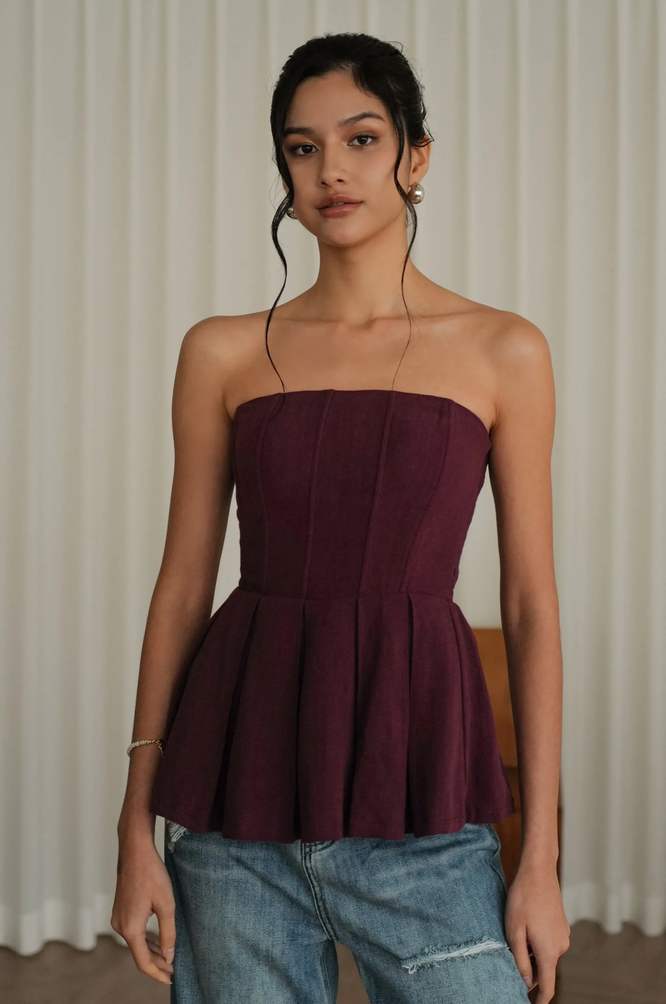 Drink wine off shoulder top in burgundy