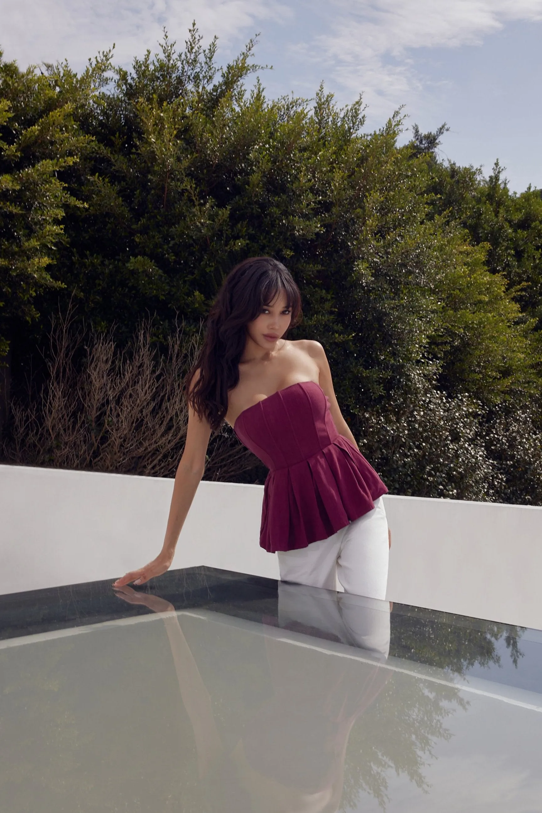 Drink wine off shoulder top in burgundy