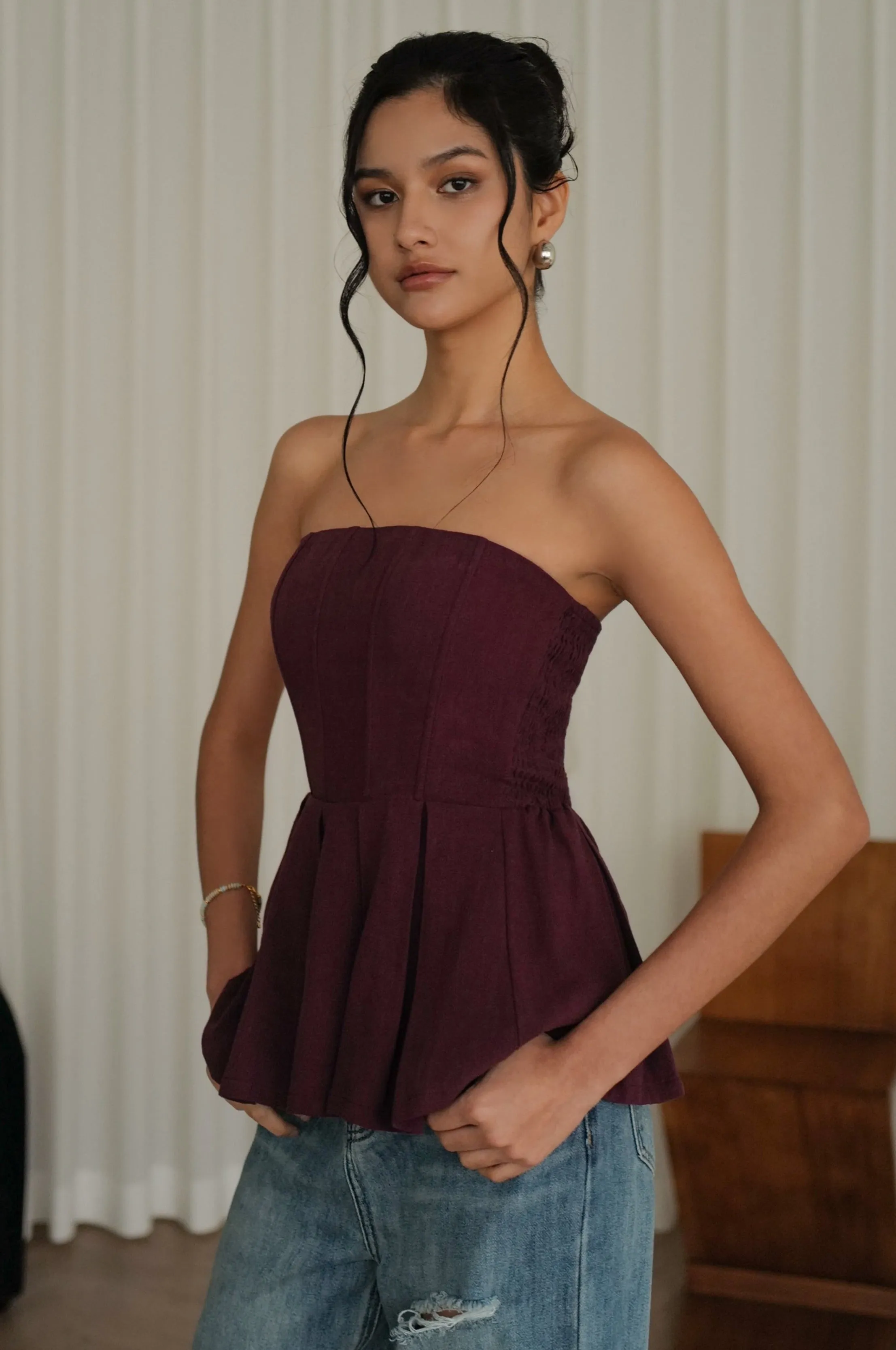 Drink wine off shoulder top in burgundy