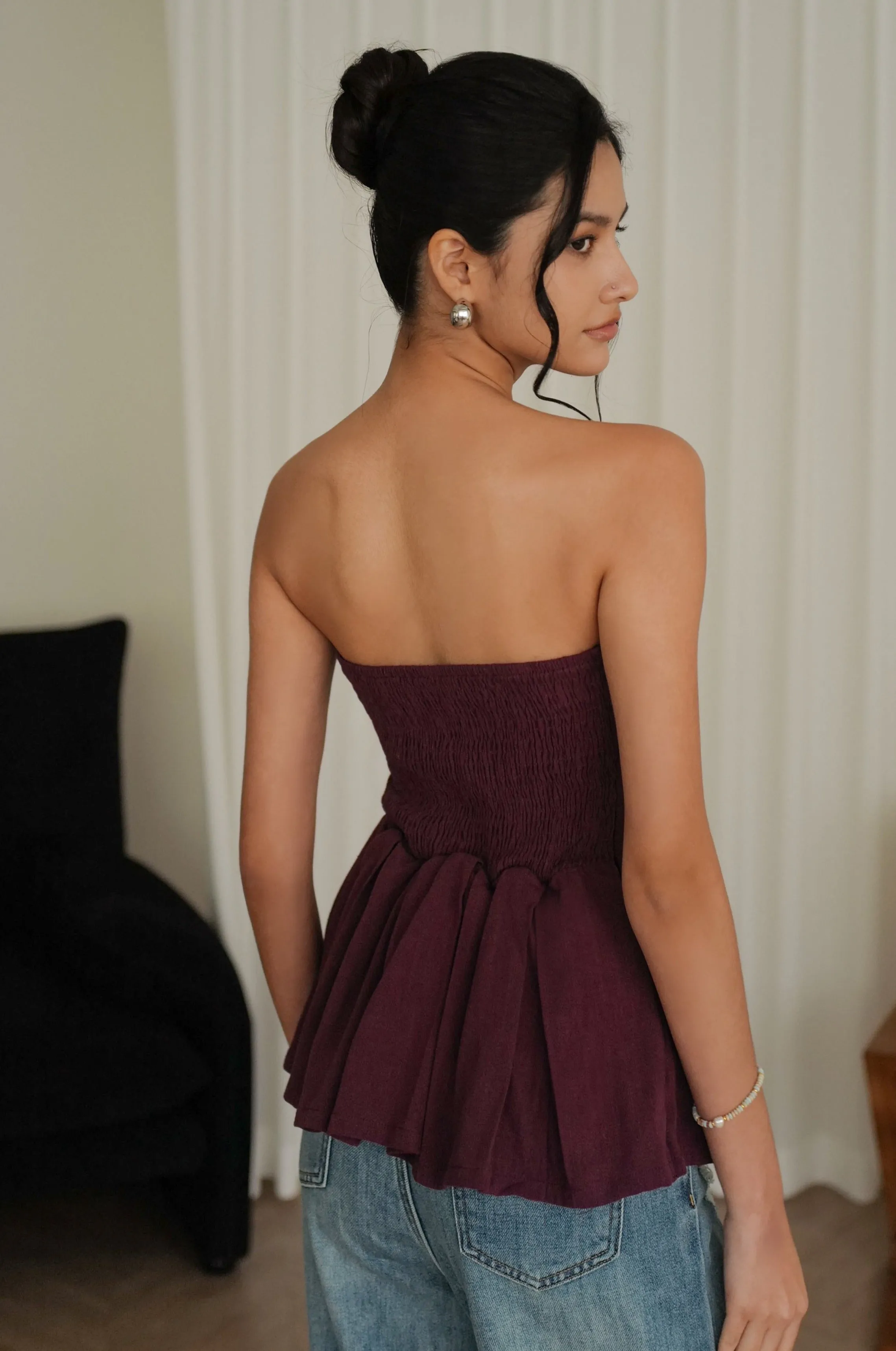 Drink wine off shoulder top in burgundy