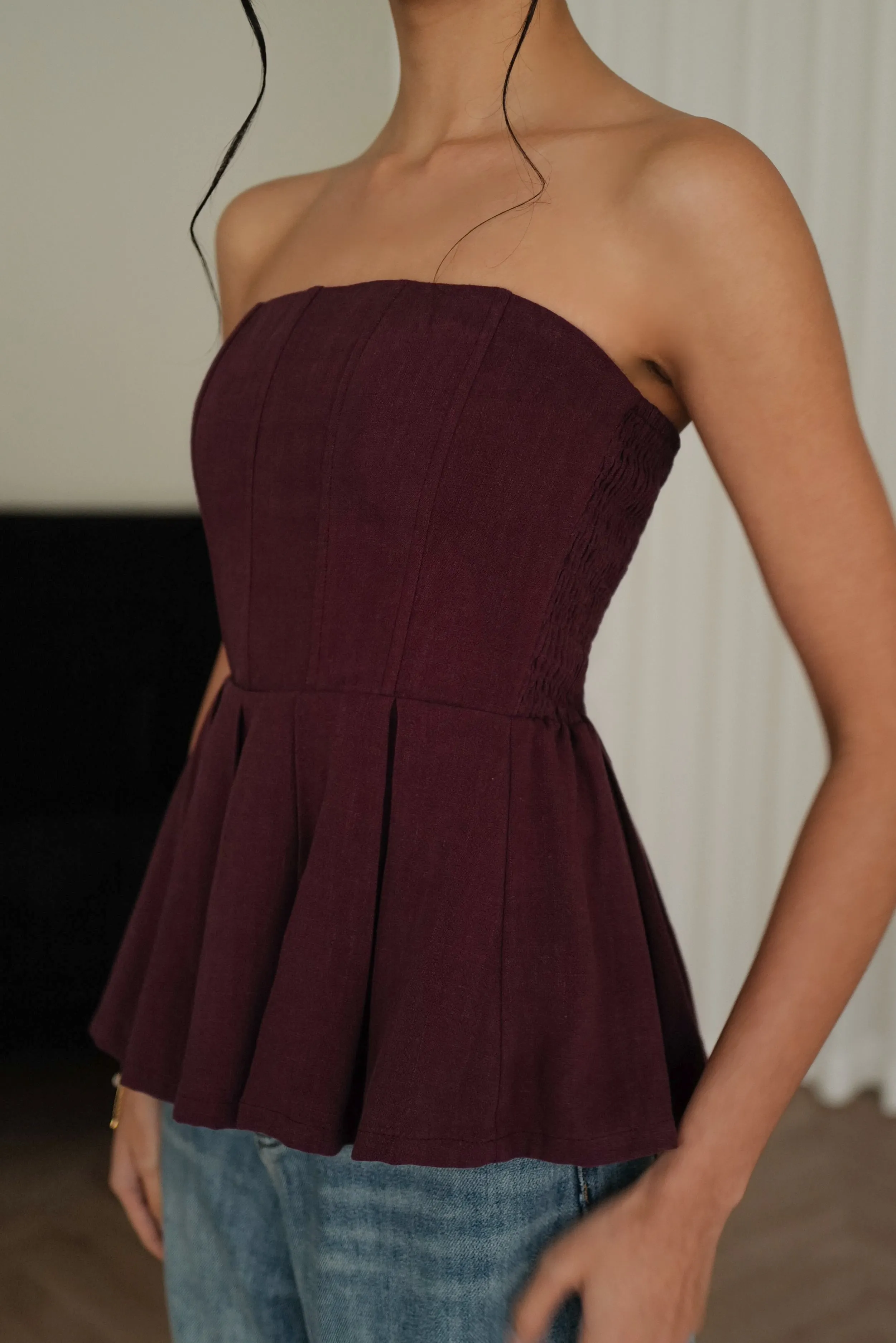 Drink wine off shoulder top in burgundy