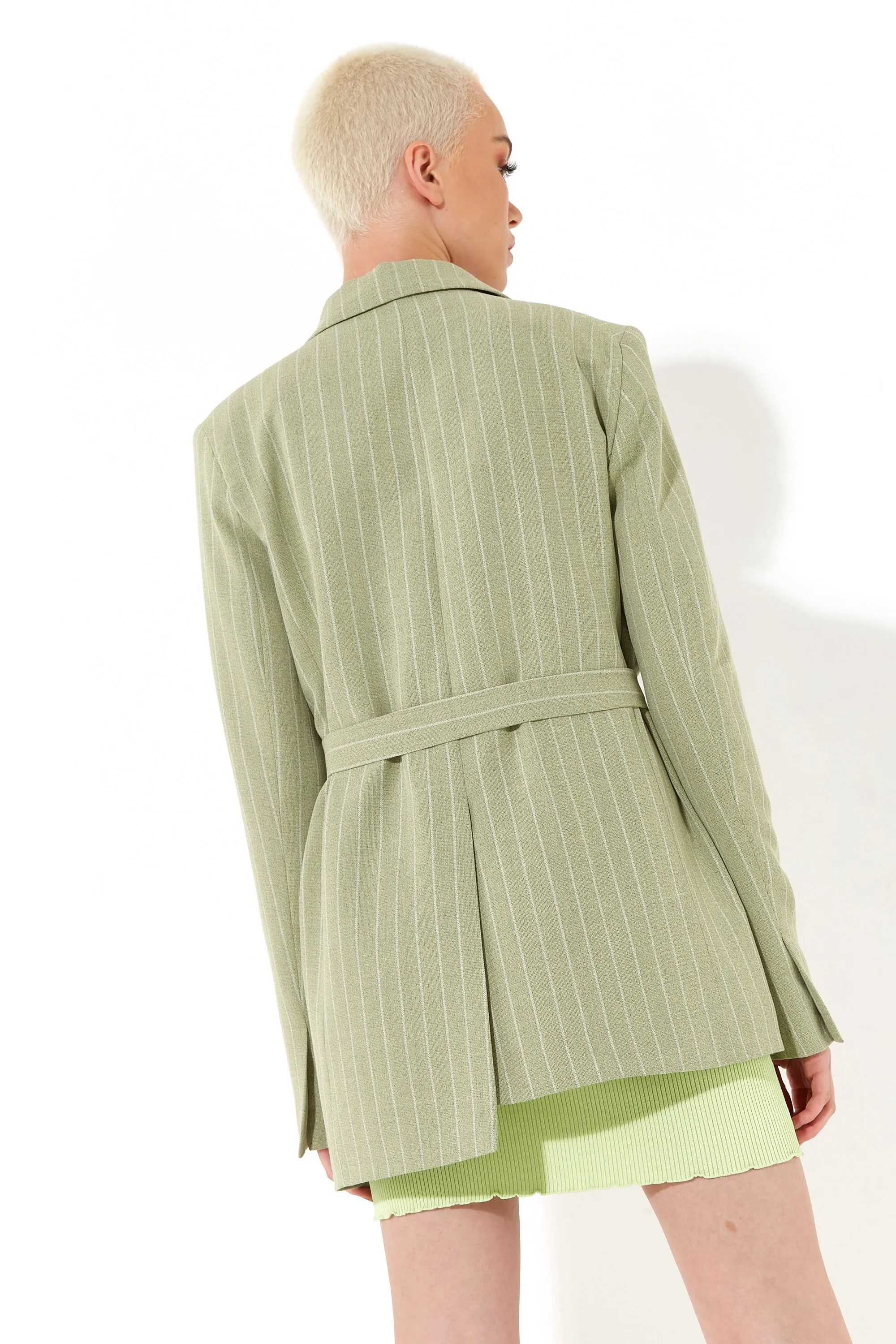 House Of Holland Oversized Jacket With A Belt Button Fastening And Extra Long Sleevesgreen Stripe Blazer