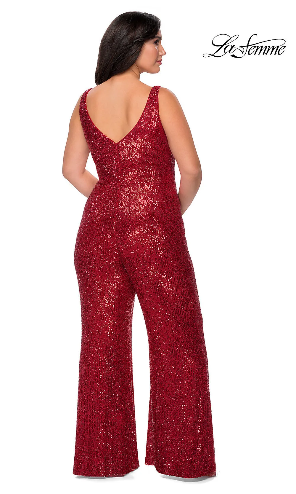 La Femme Sequin Formal Prom Jumpsuit in Plus Sizes