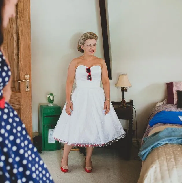 Strapless White Polka Dot Short Wedding Dress for Older Brides,20111548