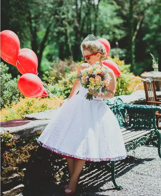 Strapless White Polka Dot Short Wedding Dress for Older Brides,20111548
